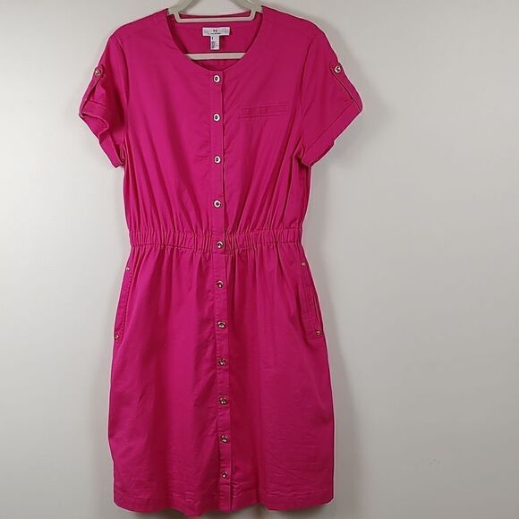 Halston Button Front Dress Bright Rose Size M NWOT - Picture 1 of 11